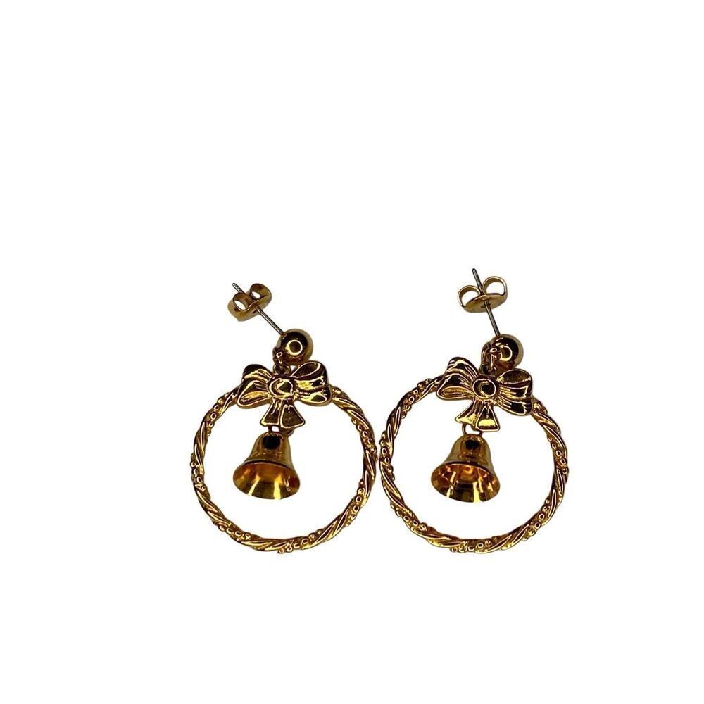 Vintage Gold Tone Bow Bell Hoop Earrings Holiday Dangle Drop Festive Jewelry